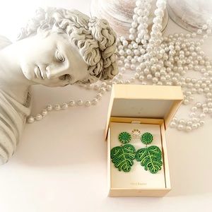 NWT Green Hand Beaded Leaf Drop Earrings